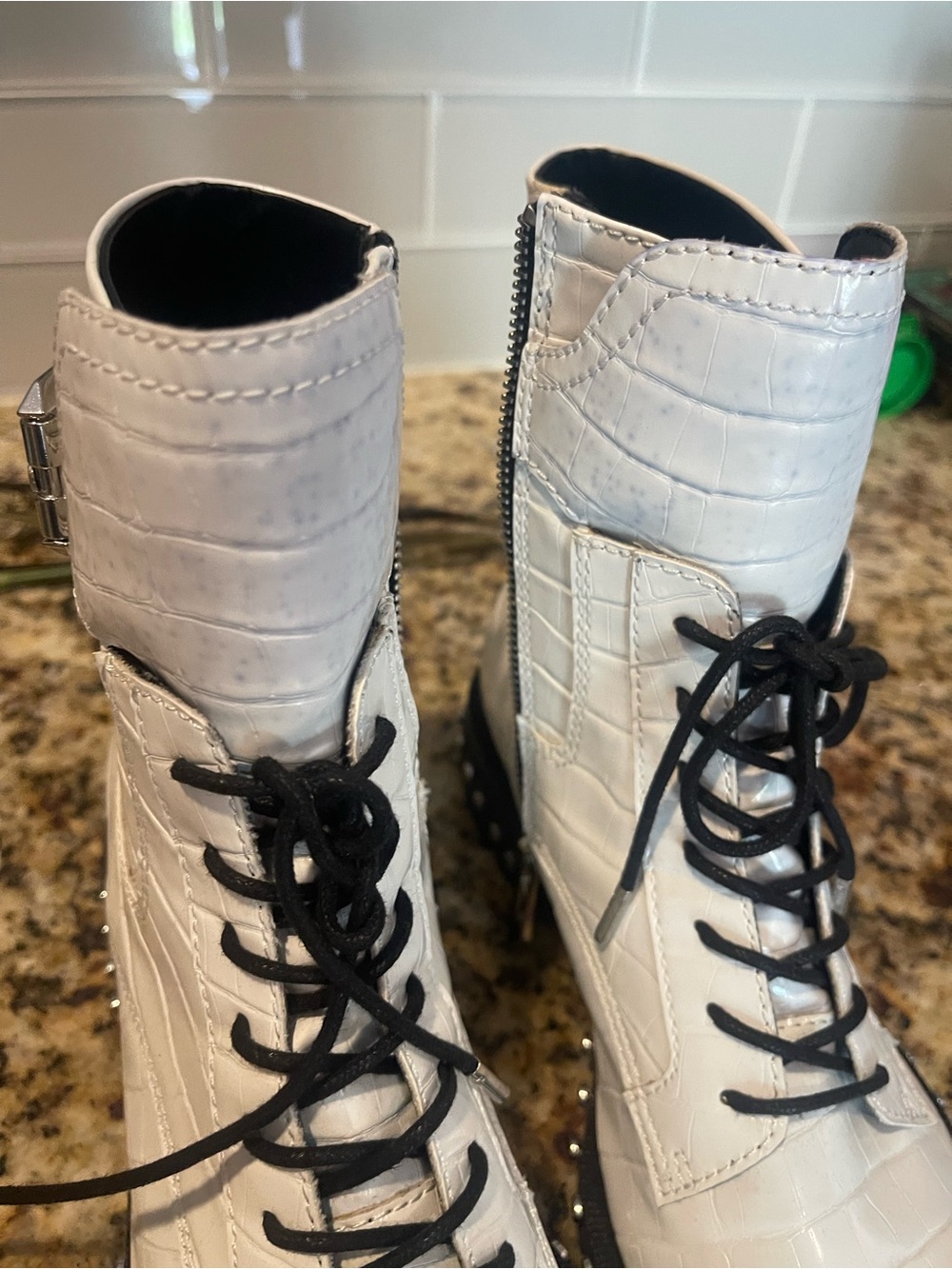 Dolce Vita White Croc-Embossed Lace-Up Studded Ankle Boots - Picture 7 of 7